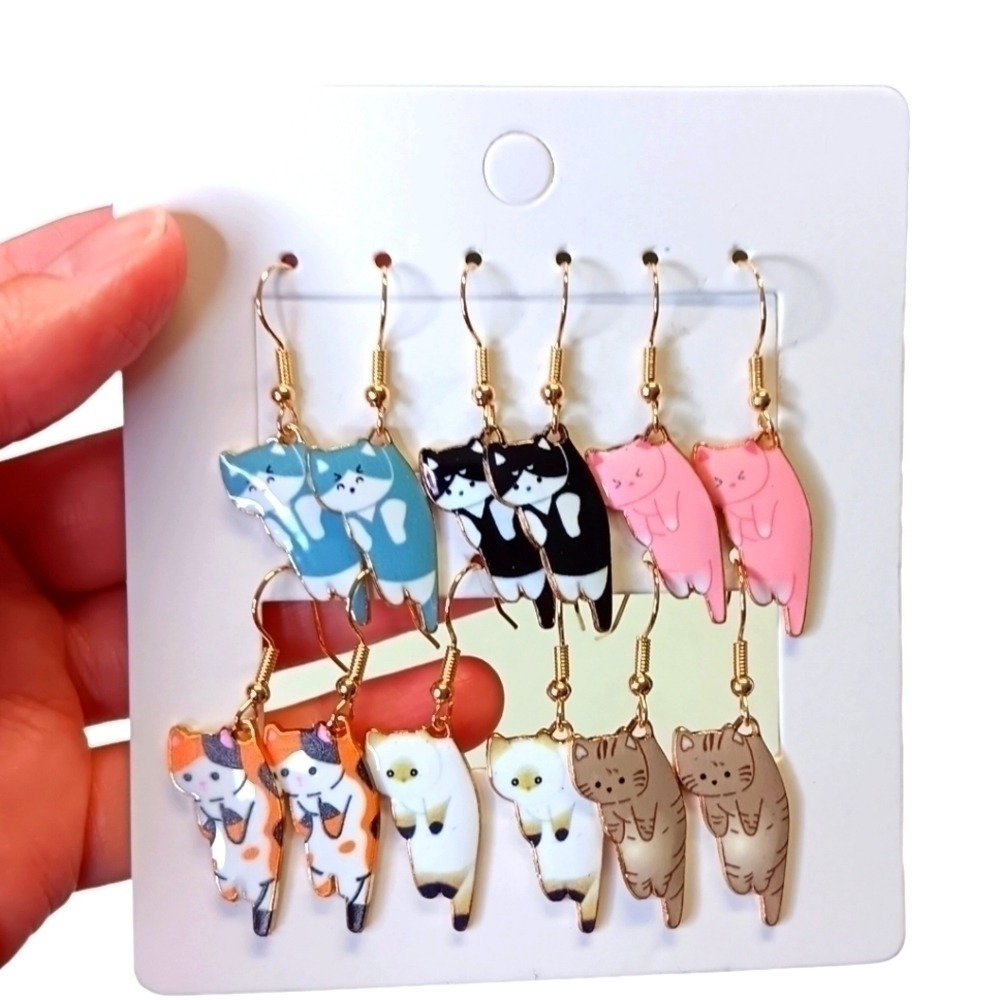 Cat Kitten drop dangle Earrings 6 pair calico tuxedo pink‎ gray white CUTE